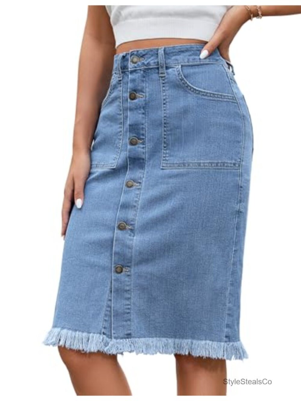 Women's Mid Rise Button Down Raw Hem Denim Midi Skirt